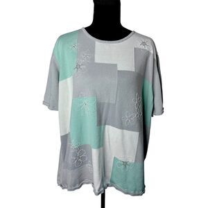 Alfred Dunner Womens Patchwork Short Sleeve Sweater 2X Beaded Sequin Floral Glam